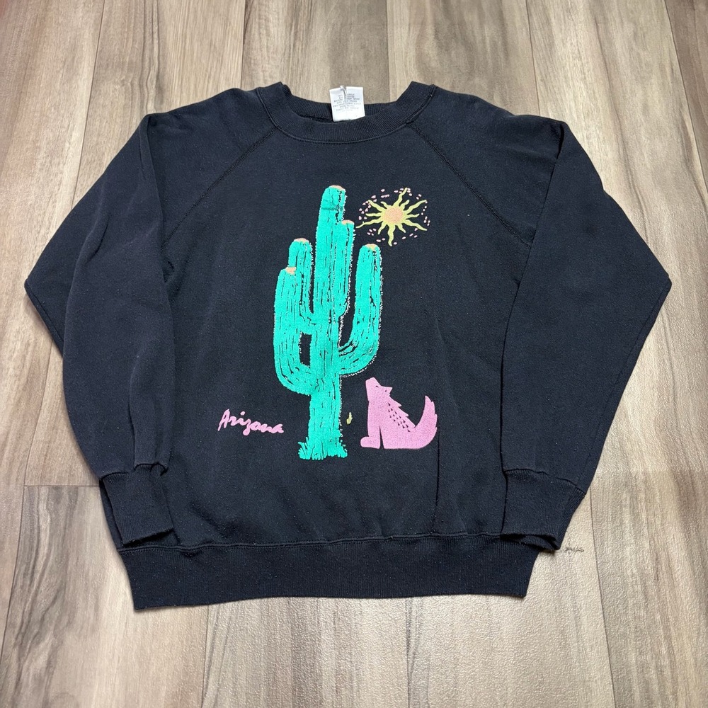 Vintage Hanes Her Way Arizona Cactus Coyote Graphic Sweatshirt Black Large 90s
